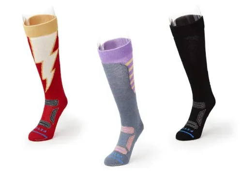 red and white sock, purple gray black sock